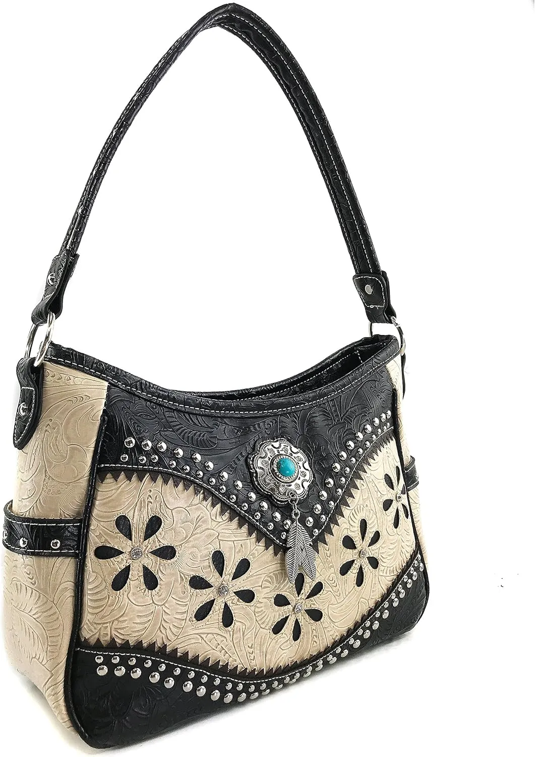 Justin West Turquoise Stone Concho Feathers Western Tooled Studs Concealed Carry Handbag Purse