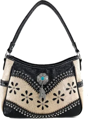 Justin West Turquoise Stone Concho Feathers Western Tooled Studs Concealed Carry Handbag Purse