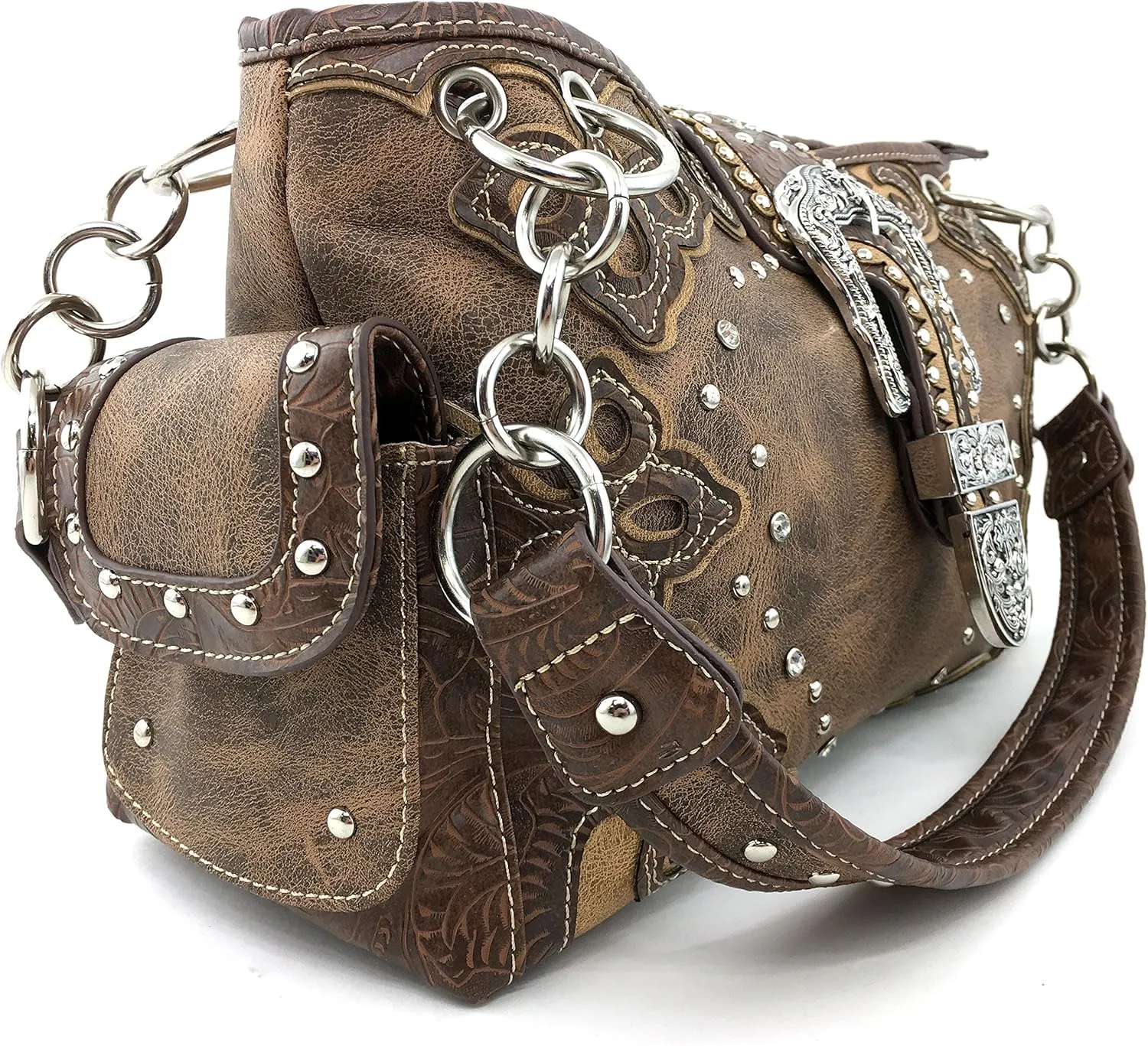 Justin West Western Brown Purse Floral Buckle Concealed Carry Handbag