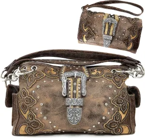 Justin West Western Brown Purse Floral Buckle Concealed Carry Handbag