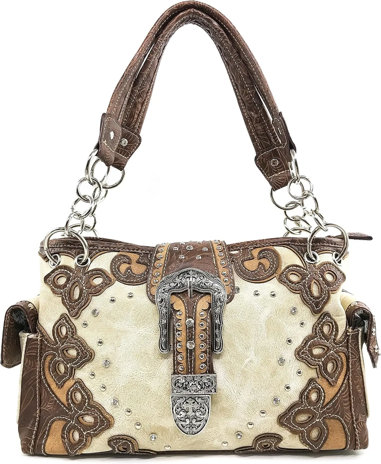Justin West Western Brown Purse Floral Buckle Concealed Carry Handbag