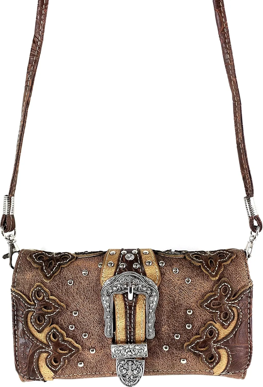 Justin West Western Brown Purse Floral Buckle Concealed Carry Handbag
