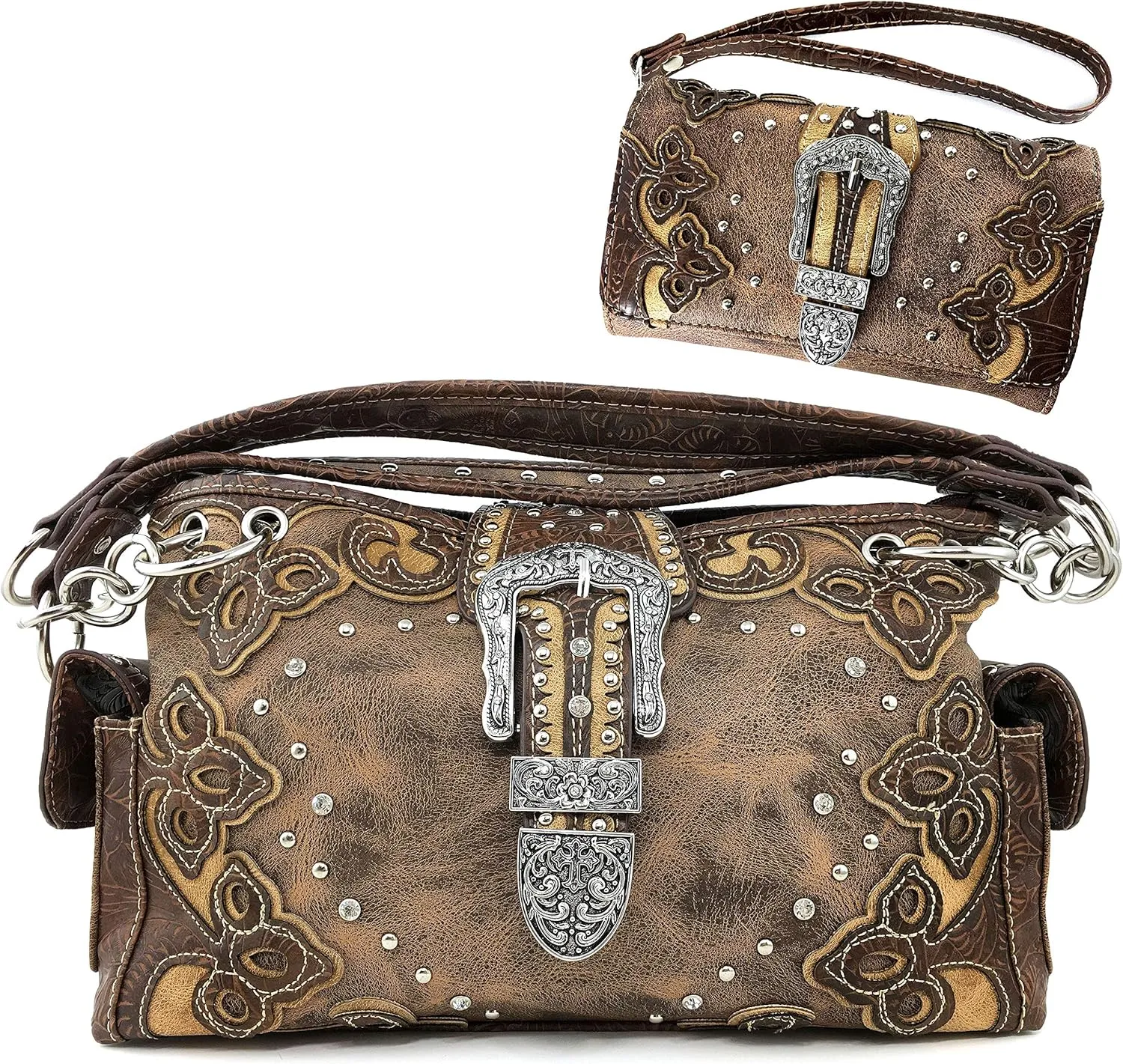 Justin West Western Brown Purse Floral Buckle Concealed Carry Handbag