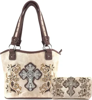 Justin West Western Rhinestone Cross Tote Purse Embroidery Floral Design Leather Concealed Carry Handbag