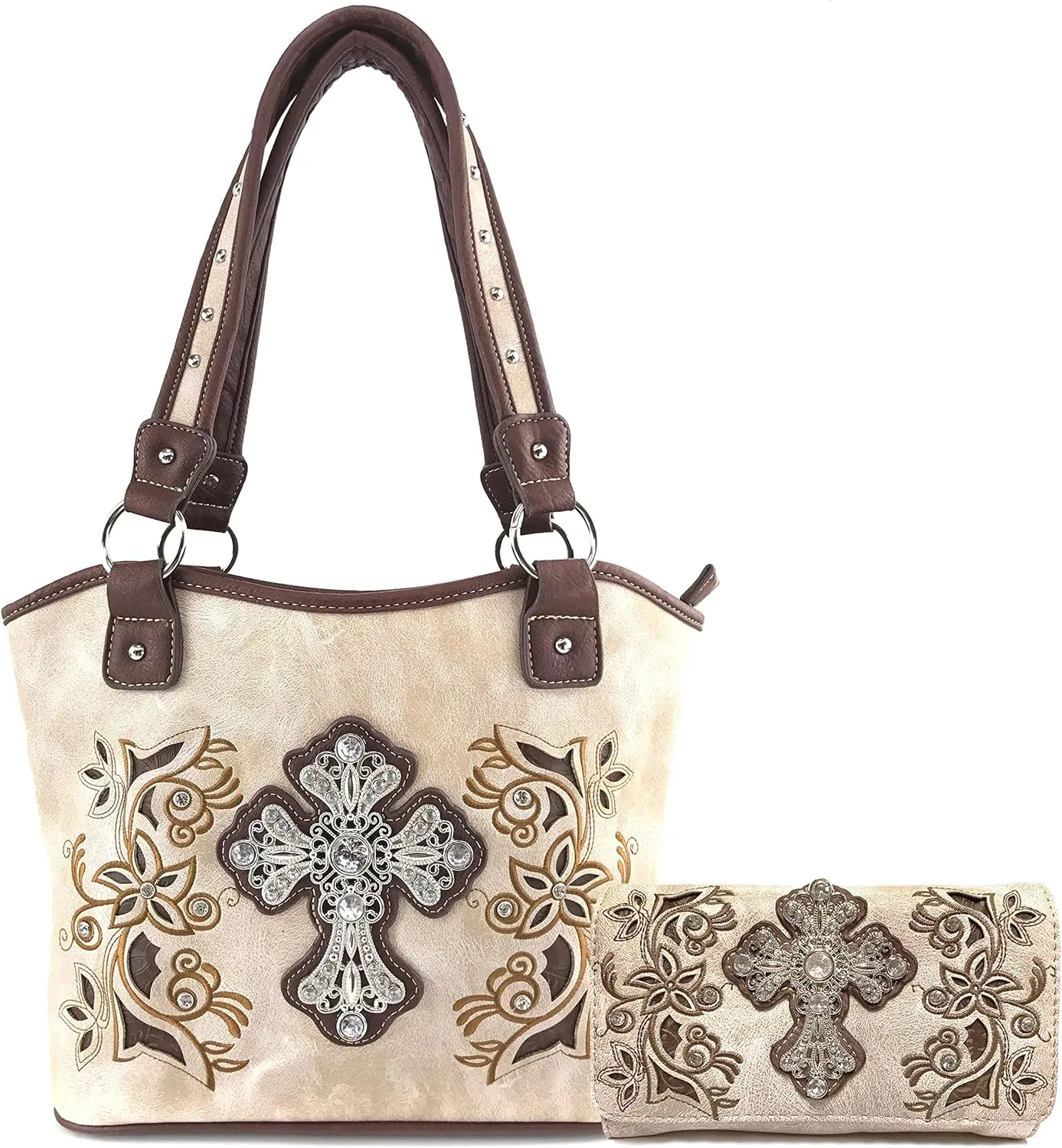 Justin West Western Rhinestone Cross Tote Purse Embroidery Floral Design Leather Concealed Carry Handbag