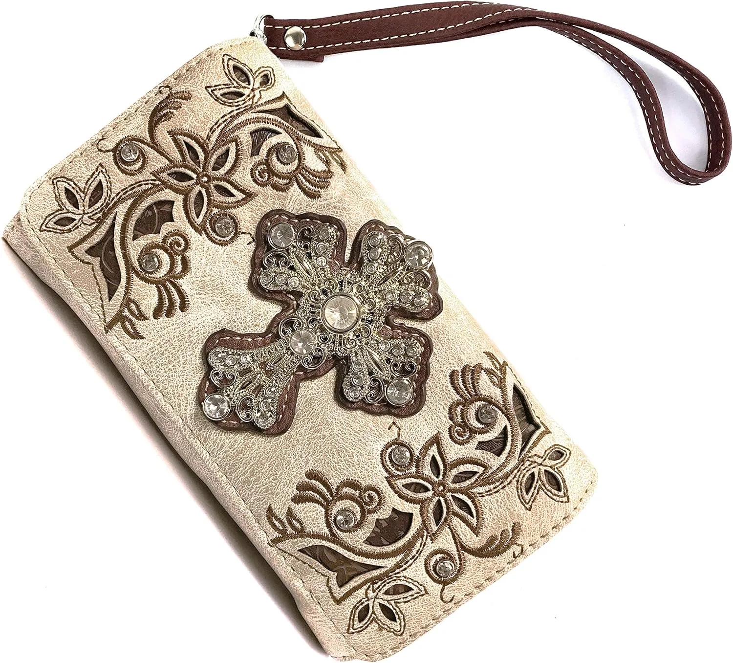 Justin West Western Rhinestone Cross Tote Purse Embroidery Floral Design Leather Concealed Carry Handbag