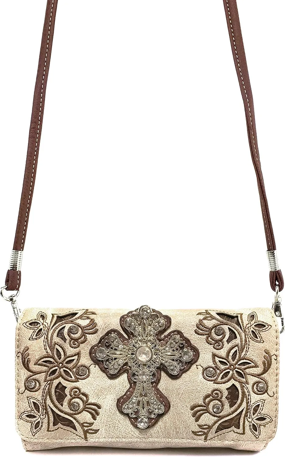 Justin West Western Rhinestone Cross Tote Purse Embroidery Floral Design Leather Concealed Carry Handbag