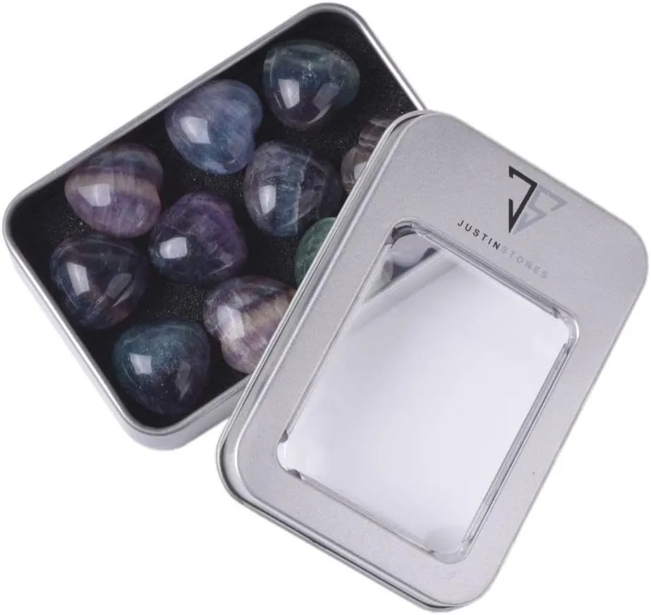 Justinstones Natural Fluorite Gemstone Healing Crystal 0.8" Mini Puffy Heart Pocket Stone Iron Gift Box (Pack of 10)