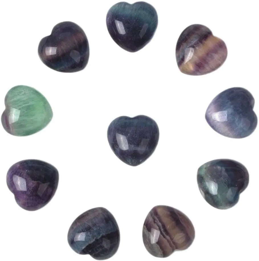 Justinstones Natural Fluorite Gemstone Healing Crystal 0.8" Mini Puffy Heart Pocket Stone Iron Gift Box (Pack of 10)
