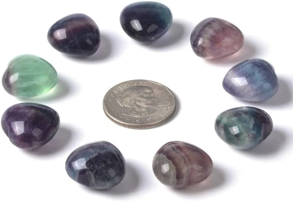 Justinstones Natural Fluorite Gemstone Healing Crystal 0.8" Mini Puffy Heart Pocket Stone Iron Gift Box (Pack of 10)