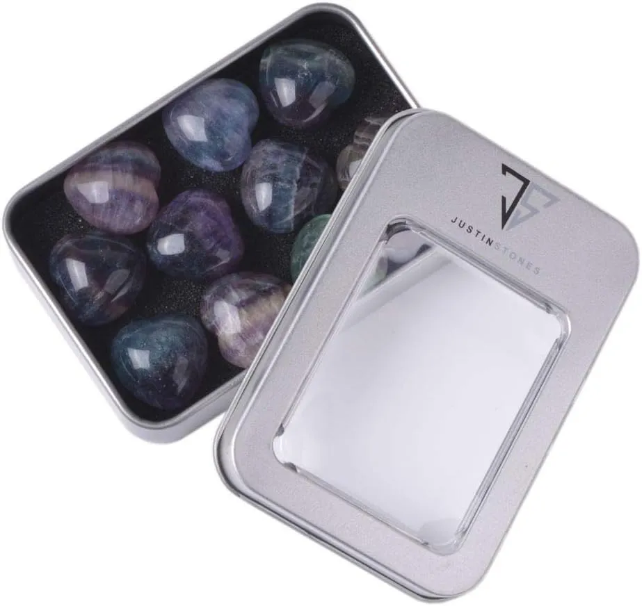Justinstones Natural Fluorite Gemstone Healing Crystal 0.8" Mini Puffy Heart Pocket Stone Iron Gift Box (Pack of 10)