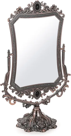 JUXYES Metal Tabletop Antique Decorative Makeup Mirror with Stand, Vintage 360° Swivel Double Sided Cosmetic Mirror with Frame, Retro Desktop Dressing Mirror Magic Mirror for Dresser