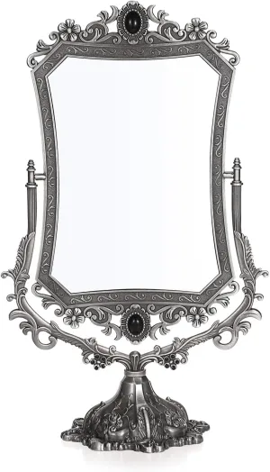 JUXYES Metal Tabletop Antique Decorative Makeup Mirror with Stand, Vintage 360° Swivel Double Sided Cosmetic Mirror with Frame, Retro Desktop Dressing Mirror Magic Mirror for Dresser