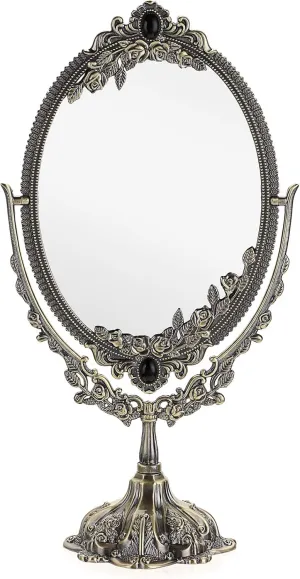 JUXYES Metal Tabletop Antique Decorative Makeup Mirror with Stand, Vintage Swivel Double Sided Cosmetic Mirror with Frame, Retro Desktop Oval Dressing Mirror for Bathroom Bedroom