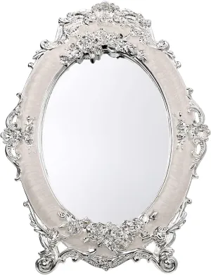 JUXYES Small Tabletop Dressing Mirror Vintage Metal Desktop Mirror with Stand, Antique Embossed Roses Countertop Makeup Mirror Retro Oval Cosmetic Decorative Mirrors for Table Centerpieces