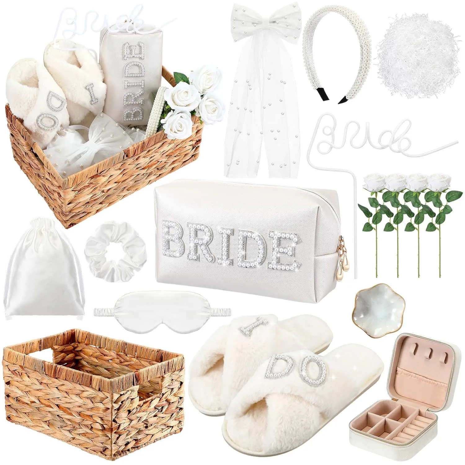 Kacctyen 16 Pcs Bride Gift Basket Bridal Shower Gifts Include Wicker Basket Bride Makeup Bag Slippers Pearl Headband Jewelry Box Hair Bow Veil and More for Bridal Shower Wedding Engagement Gifts