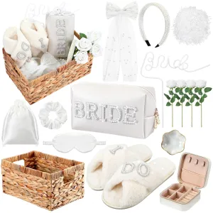 Kacctyen 16 Pcs Bride Gift Basket Bridal Shower Gifts Include Wicker Basket Bride Makeup Bag Slippers Pearl Headband Jewelry Box Hair Bow Veil and More for Bridal Shower Wedding Engagement Gifts