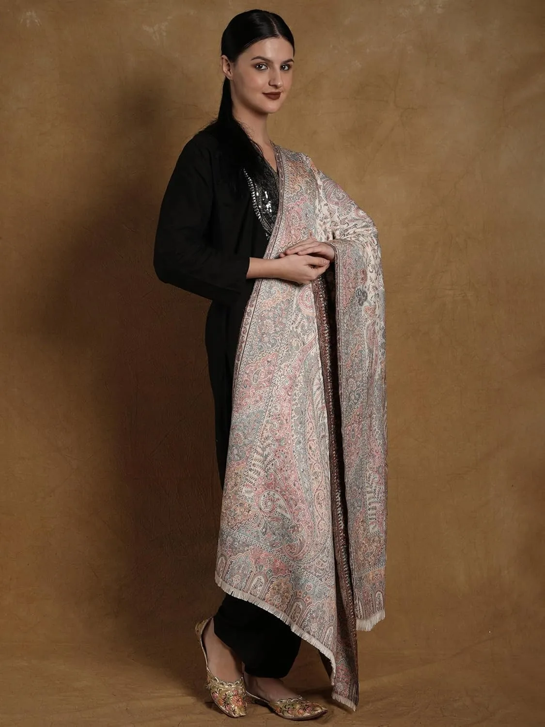 Kani Jamawar Wool Shawl From Amritsar with Multicolor Woven Flowers on All-Over - Wool