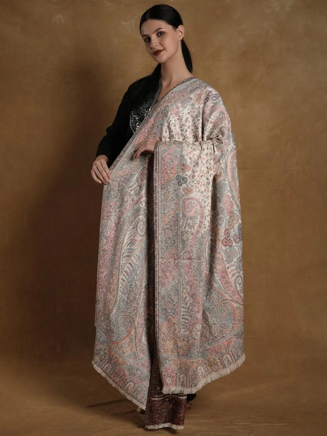 Kani Jamawar Wool Shawl From Amritsar with Multicolor Woven Flowers on All-Over - Wool