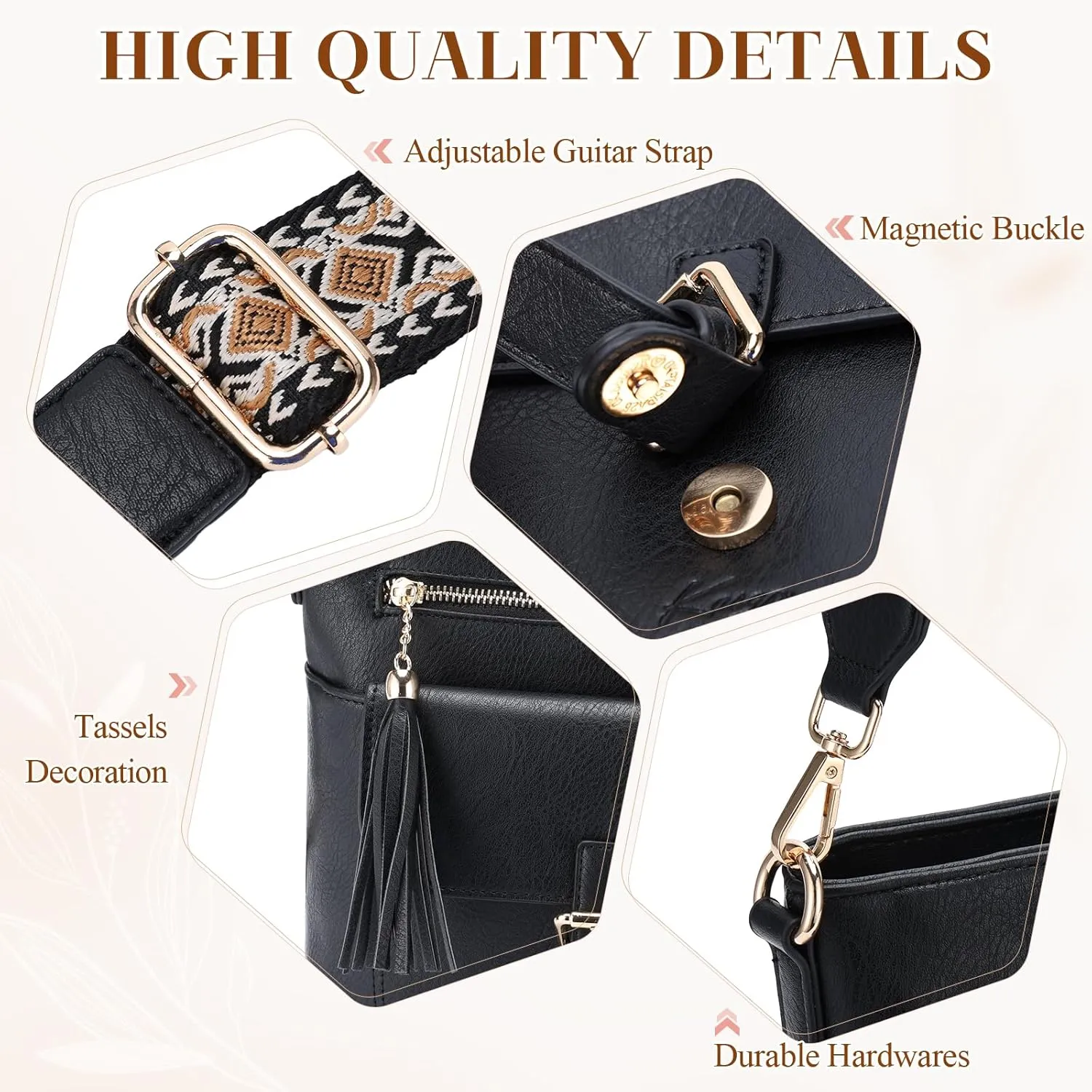Kasqo Crossbody Bag for Women,Soft Vegan Leather Cross Body Purse Medium Shoulder Bag Handbags with Guitar Strap Tassel