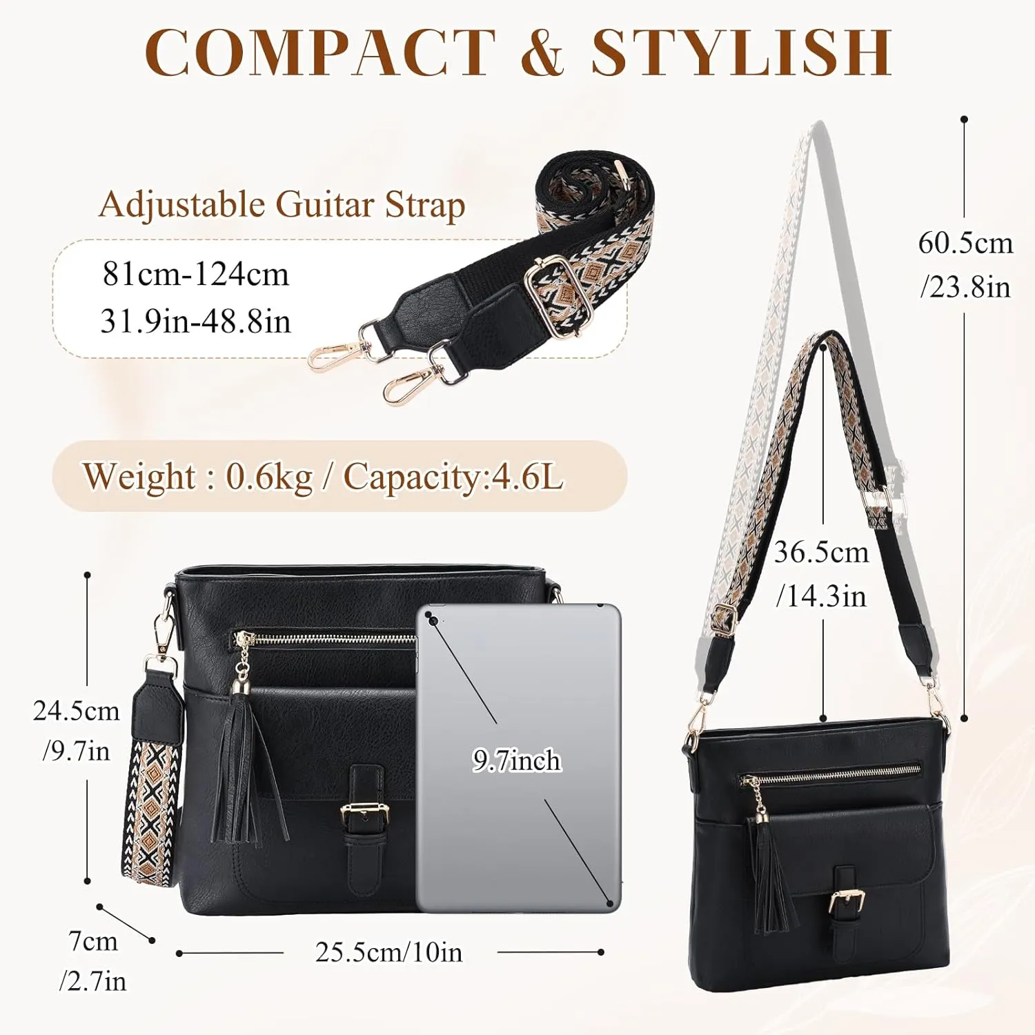 Kasqo Crossbody Bag for Women,Soft Vegan Leather Cross Body Purse Medium Shoulder Bag Handbags with Guitar Strap Tassel
