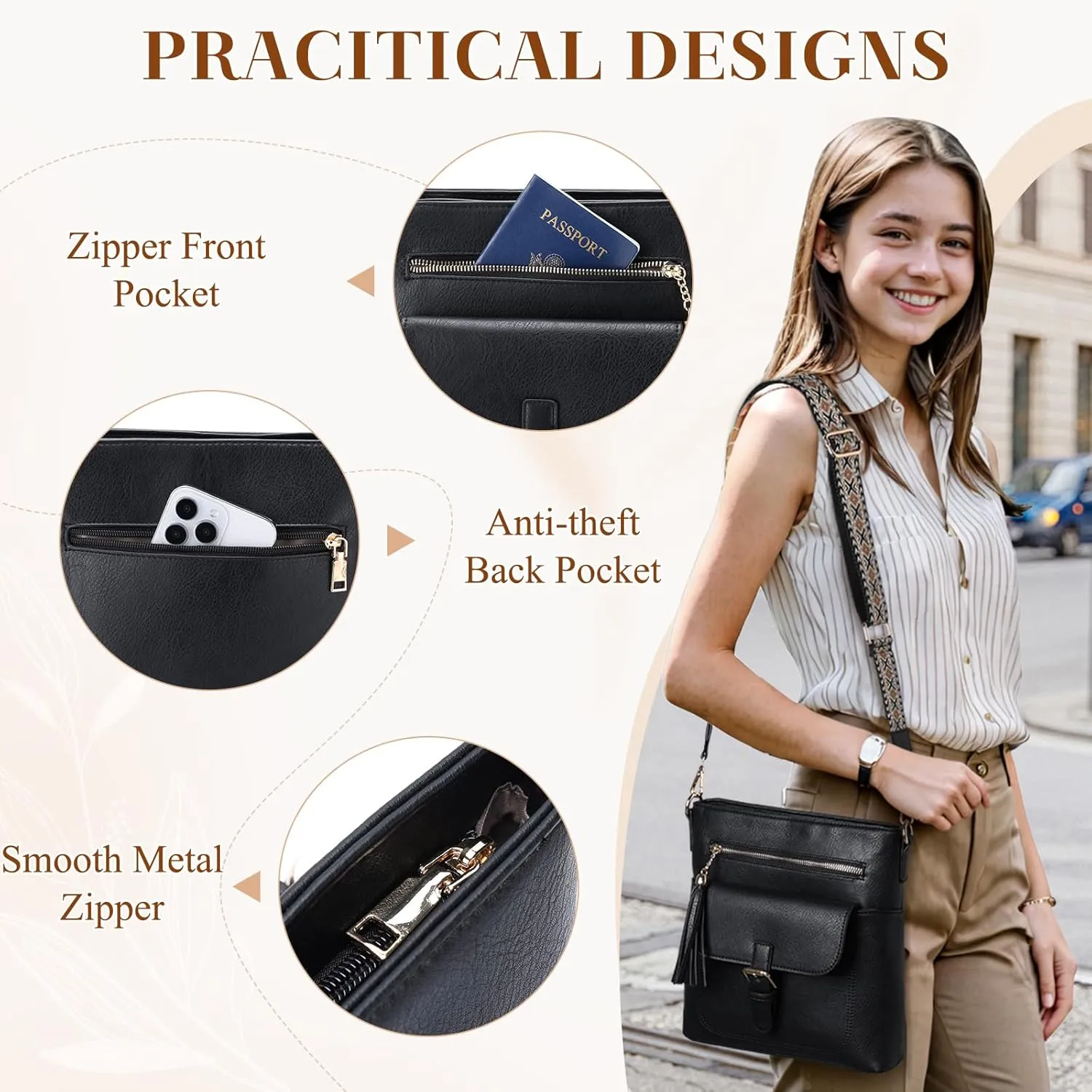 Kasqo Crossbody Bag for Women,Soft Vegan Leather Cross Body Purse Medium Shoulder Bag Handbags with Guitar Strap Tassel