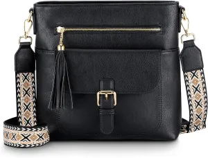 Kasqo Crossbody Bag for Women,Soft Vegan Leather Cross Body Purse Medium Shoulder Bag Handbags with Guitar Strap Tassel