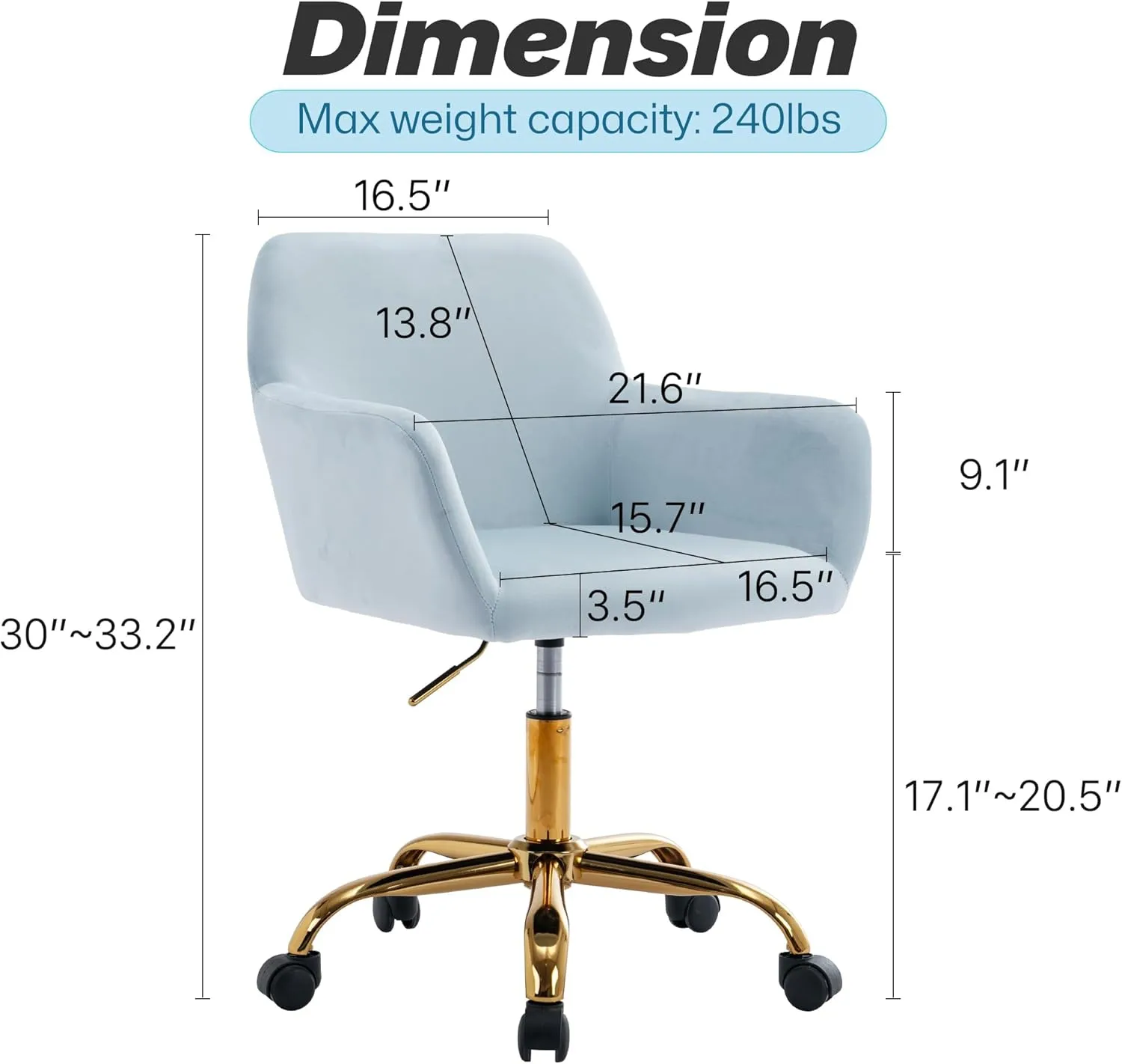 KCC Velvet Office Desk Chair, Comfy Swivel Modern Leisure Armchair with Wheels, Upholstered Comfy Velvet Fabric Makeup Chair Height Adjustable for Teens Women Girls Elegant Home Office, Baby Blue