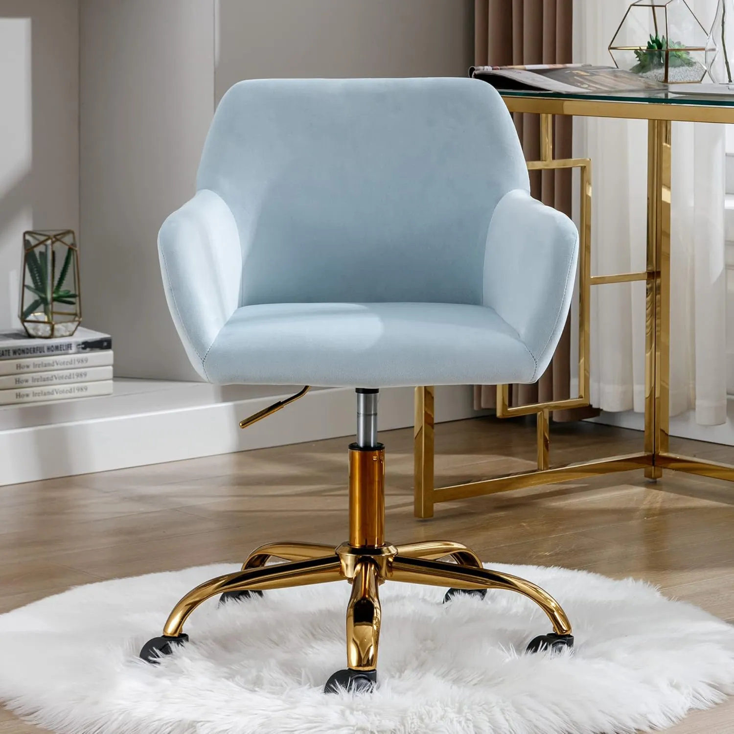 KCC Velvet Office Desk Chair, Comfy Swivel Modern Leisure Armchair with Wheels, Upholstered Comfy Velvet Fabric Makeup Chair Height Adjustable for Teens Women Girls Elegant Home Office, Baby Blue