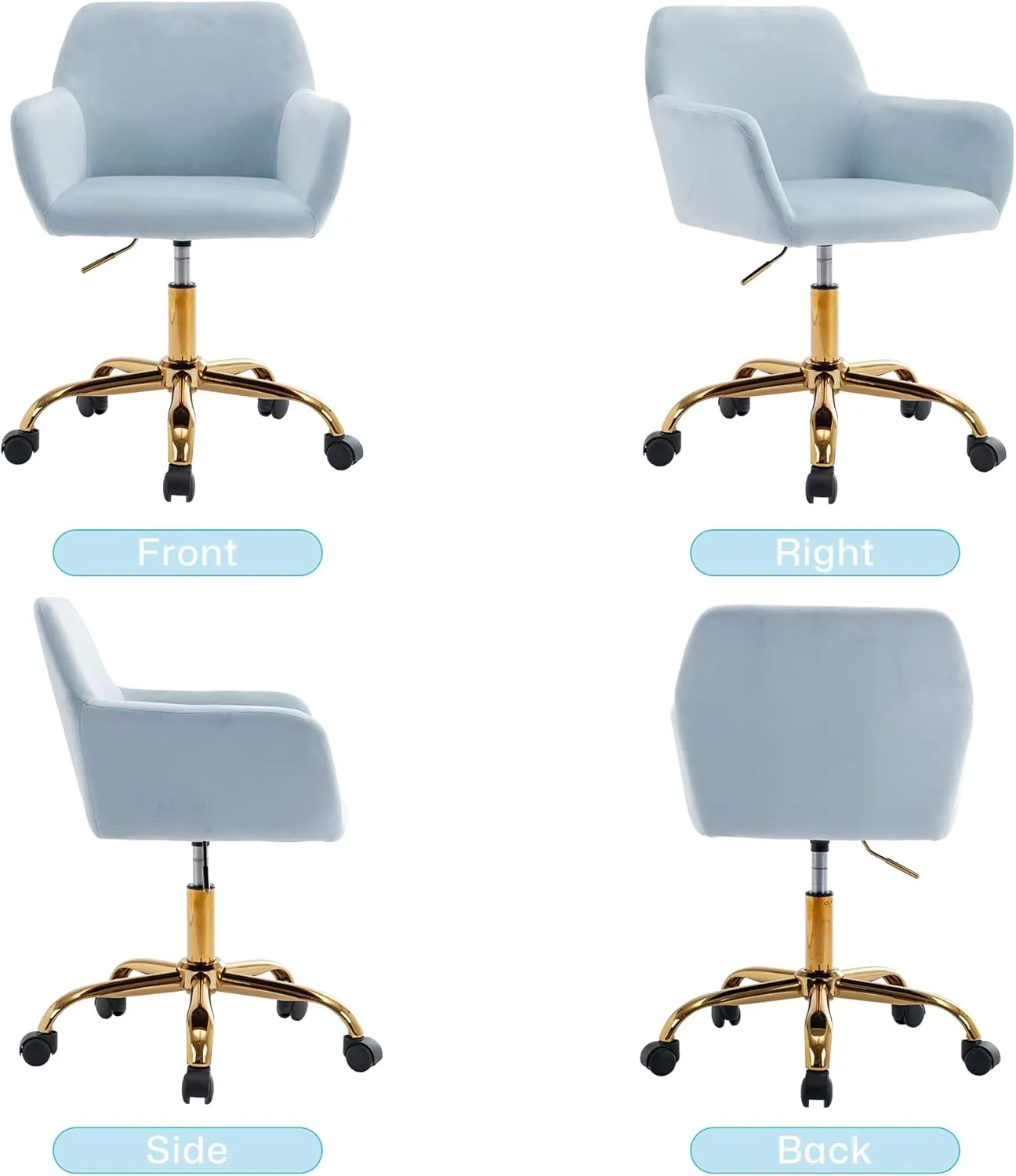 KCC Velvet Office Desk Chair, Comfy Swivel Modern Leisure Armchair with Wheels, Upholstered Comfy Velvet Fabric Makeup Chair Height Adjustable for Teens Women Girls Elegant Home Office, Baby Blue
