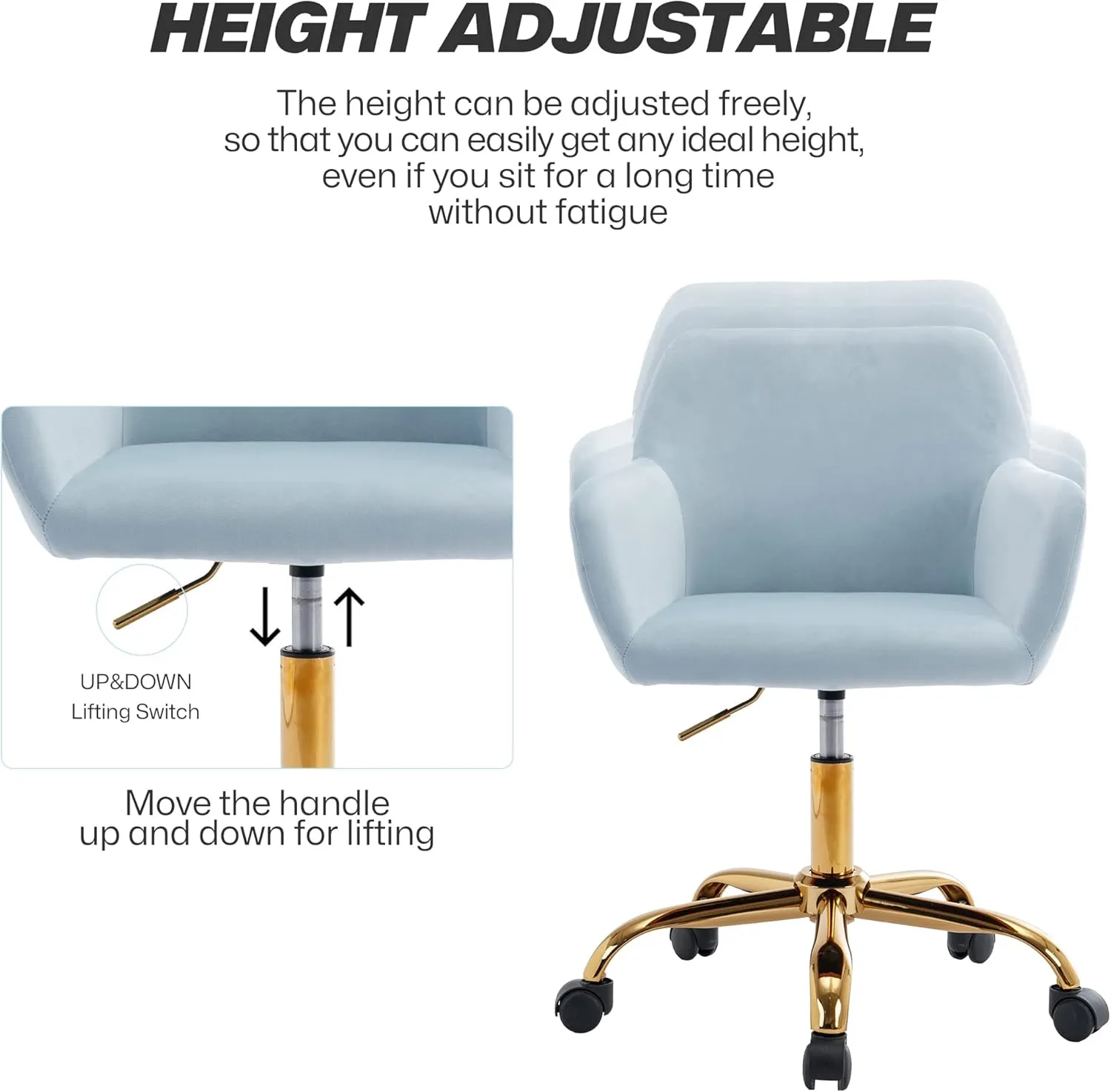 KCC Velvet Office Desk Chair, Comfy Swivel Modern Leisure Armchair with Wheels, Upholstered Comfy Velvet Fabric Makeup Chair Height Adjustable for Teens Women Girls Elegant Home Office, Baby Blue