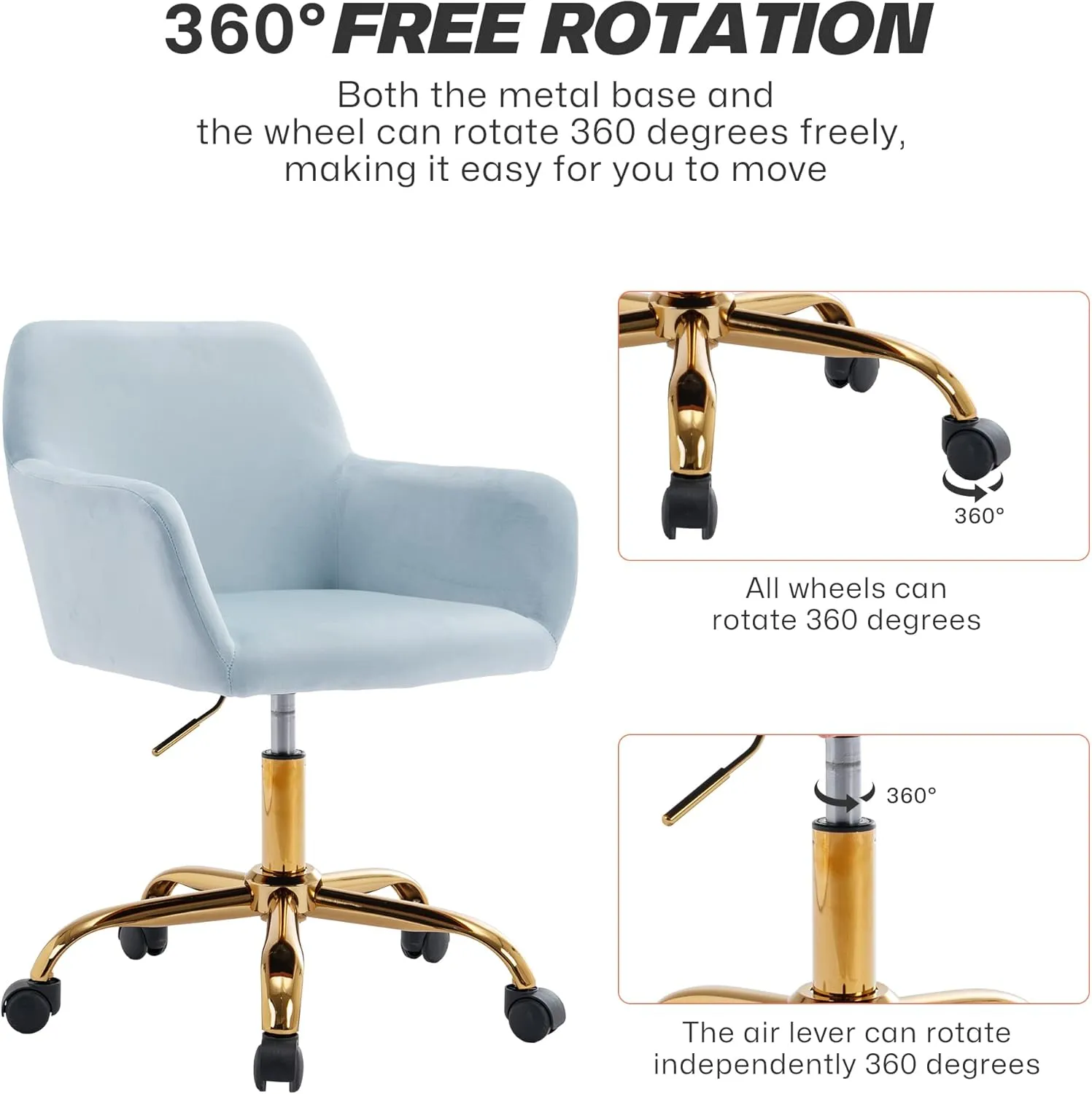KCC Velvet Office Desk Chair, Comfy Swivel Modern Leisure Armchair with Wheels, Upholstered Comfy Velvet Fabric Makeup Chair Height Adjustable for Teens Women Girls Elegant Home Office, Baby Blue