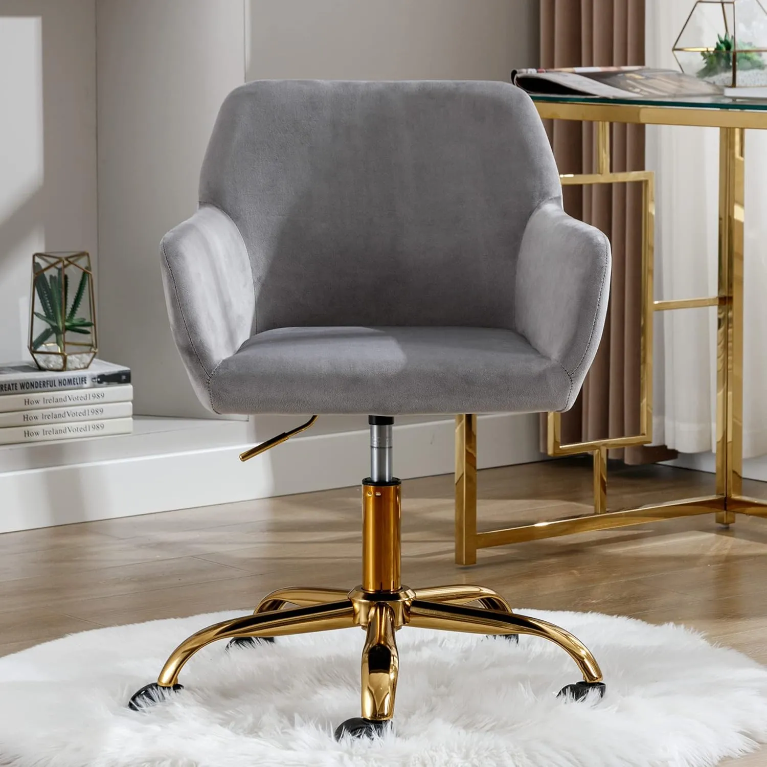 KCC Velvet Office Desk Chair, Comfy Swivel Modern Leisure Armchair with Wheels, Upholstered Comfy Velvet Fabric Makeup Chair Height Adjustable for Teens Women Girls Elegant Home Office, Gray