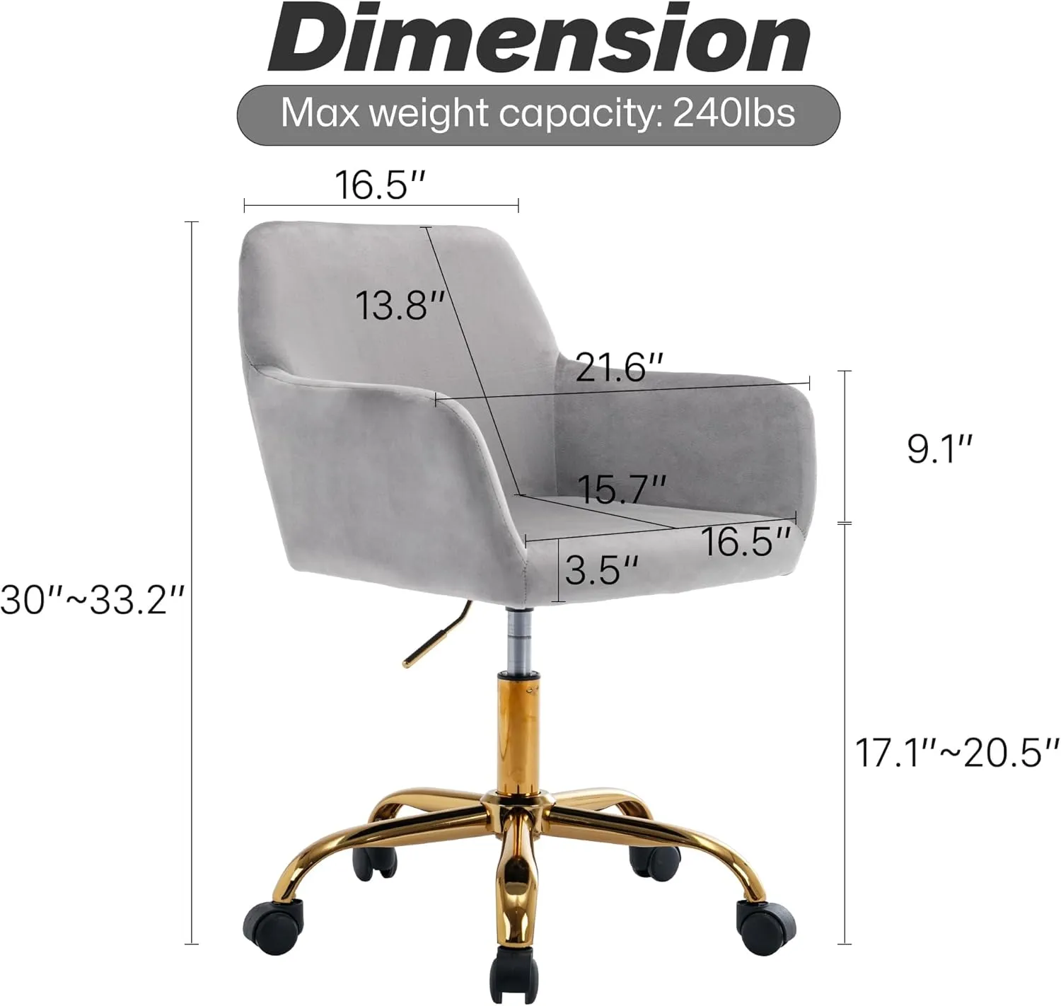 KCC Velvet Office Desk Chair, Comfy Swivel Modern Leisure Armchair with Wheels, Upholstered Comfy Velvet Fabric Makeup Chair Height Adjustable for Teens Women Girls Elegant Home Office, Gray