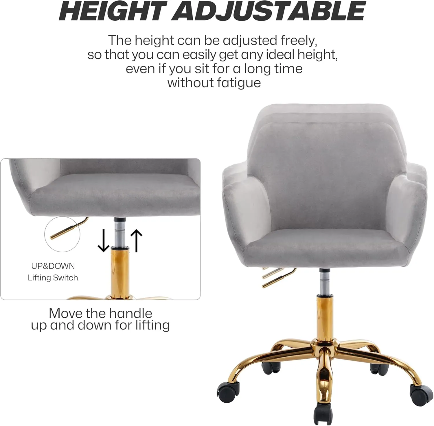 KCC Velvet Office Desk Chair, Comfy Swivel Modern Leisure Armchair with Wheels, Upholstered Comfy Velvet Fabric Makeup Chair Height Adjustable for Teens Women Girls Elegant Home Office, Gray