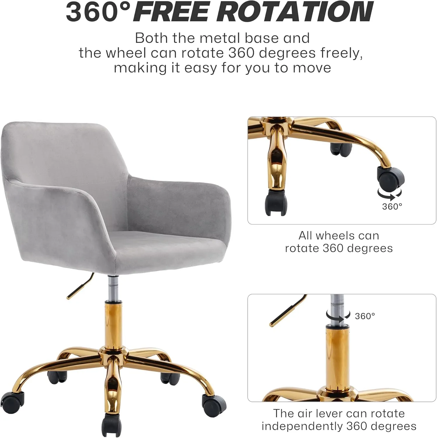 KCC Velvet Office Desk Chair, Comfy Swivel Modern Leisure Armchair with Wheels, Upholstered Comfy Velvet Fabric Makeup Chair Height Adjustable for Teens Women Girls Elegant Home Office, Gray