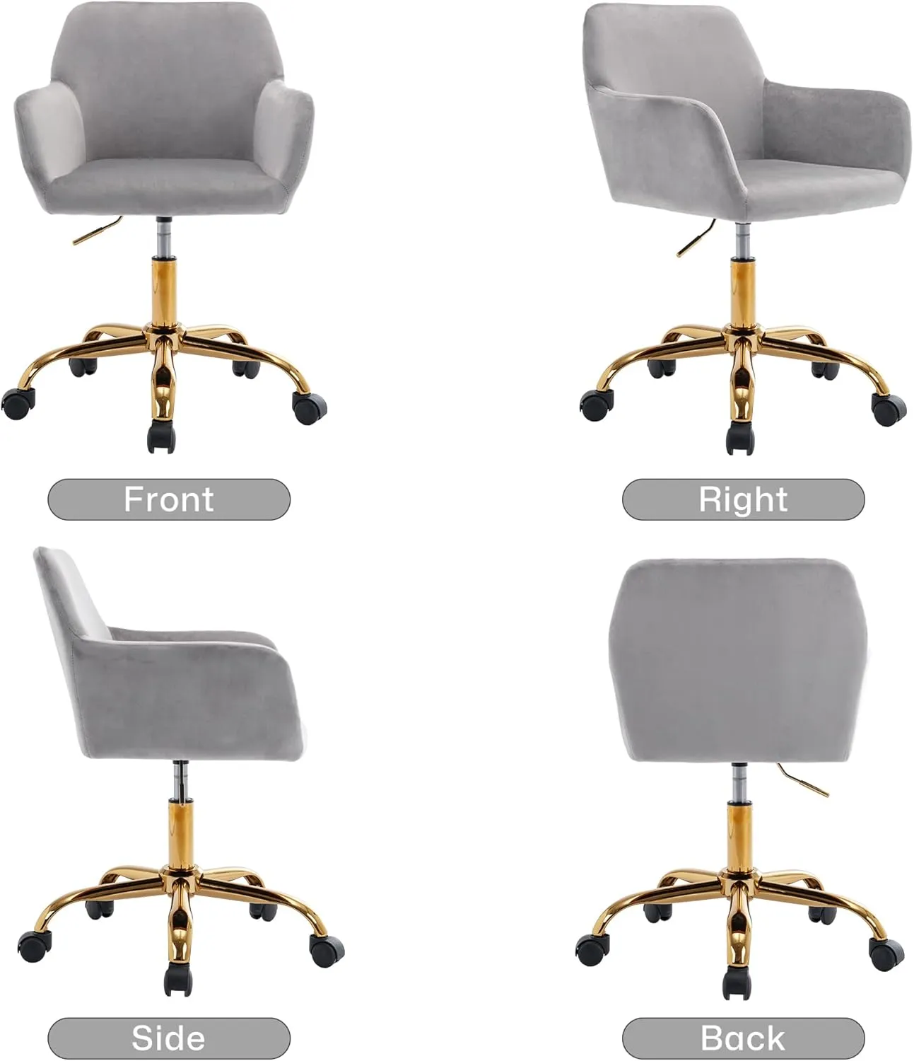 KCC Velvet Office Desk Chair, Comfy Swivel Modern Leisure Armchair with Wheels, Upholstered Comfy Velvet Fabric Makeup Chair Height Adjustable for Teens Women Girls Elegant Home Office, Gray