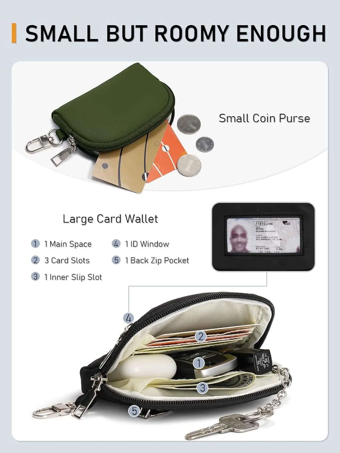 Keychain Wallet Mini Zip Around Dual Pouch Wristlet Detachable Coin Purse for Women and Men with Phone Tether Tab