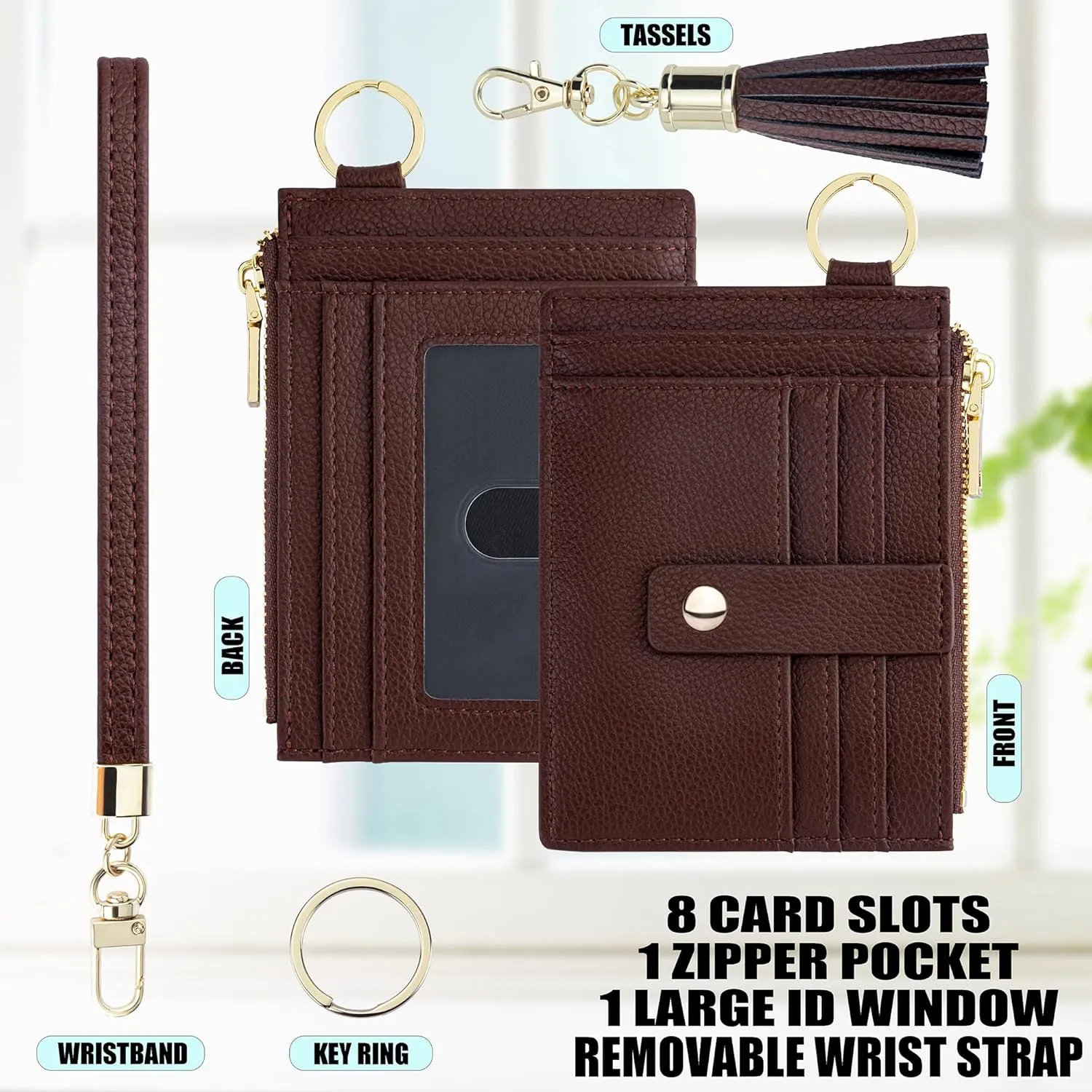 Keychain Wallet,Wristlet Keychain With Wallet RFID Credit Card Holder Case Small Compact Leather Wristlet Wallets for Men Women (Brown)