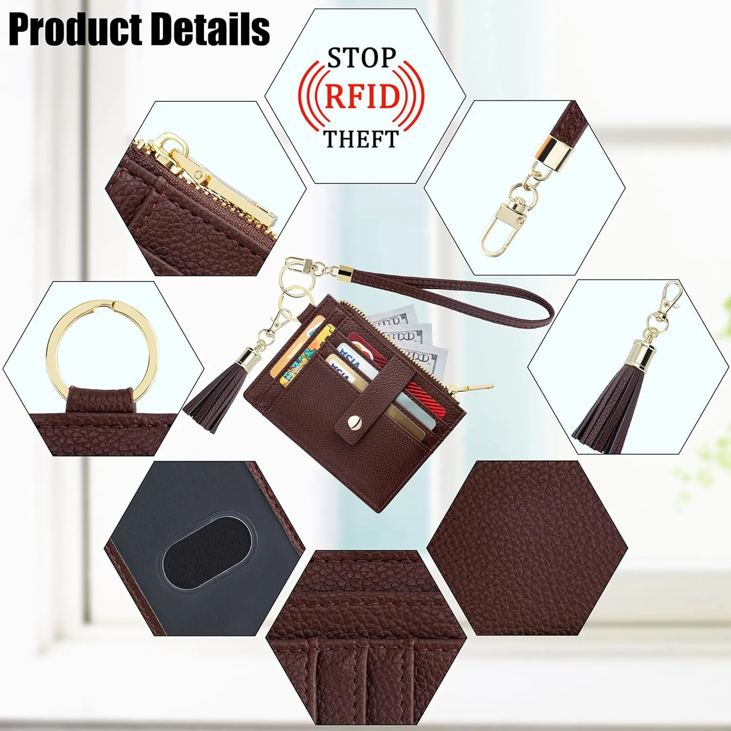 Keychain Wallet,Wristlet Keychain With Wallet RFID Credit Card Holder Case Small Compact Leather Wristlet Wallets for Men Women (Brown)