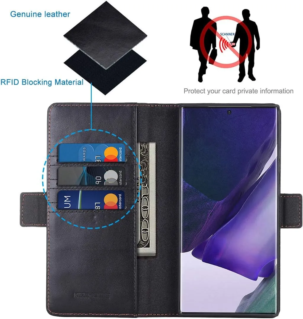 KEZiHOME Note 20 Ultra Case, Genuine Leather [RFID Blocking] Wallet Case Credit Card Slot Flip Magnetic Stand for Samsung Galaxy Note 20 Ultra 5G 2020 (Black/Brown)