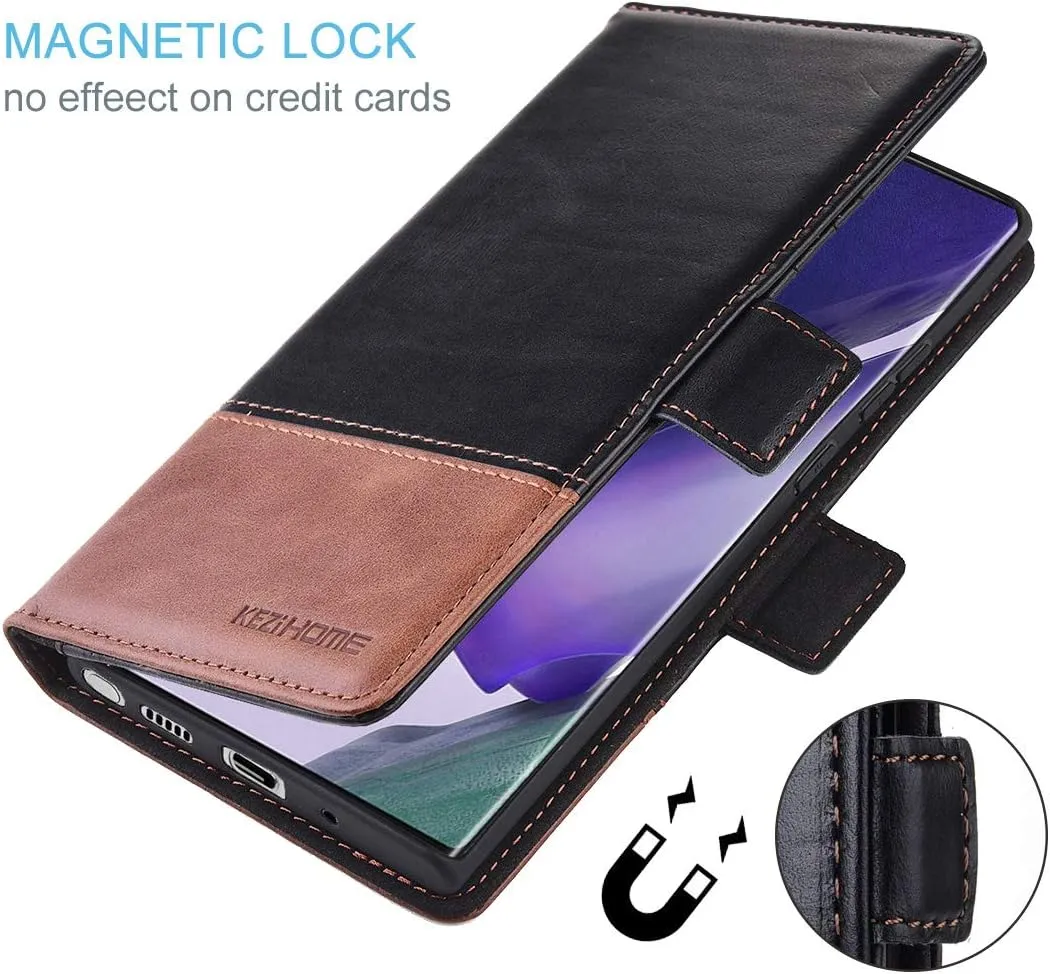 KEZiHOME Note 20 Ultra Case, Genuine Leather [RFID Blocking] Wallet Case Credit Card Slot Flip Magnetic Stand for Samsung Galaxy Note 20 Ultra 5G 2020 (Black/Brown)