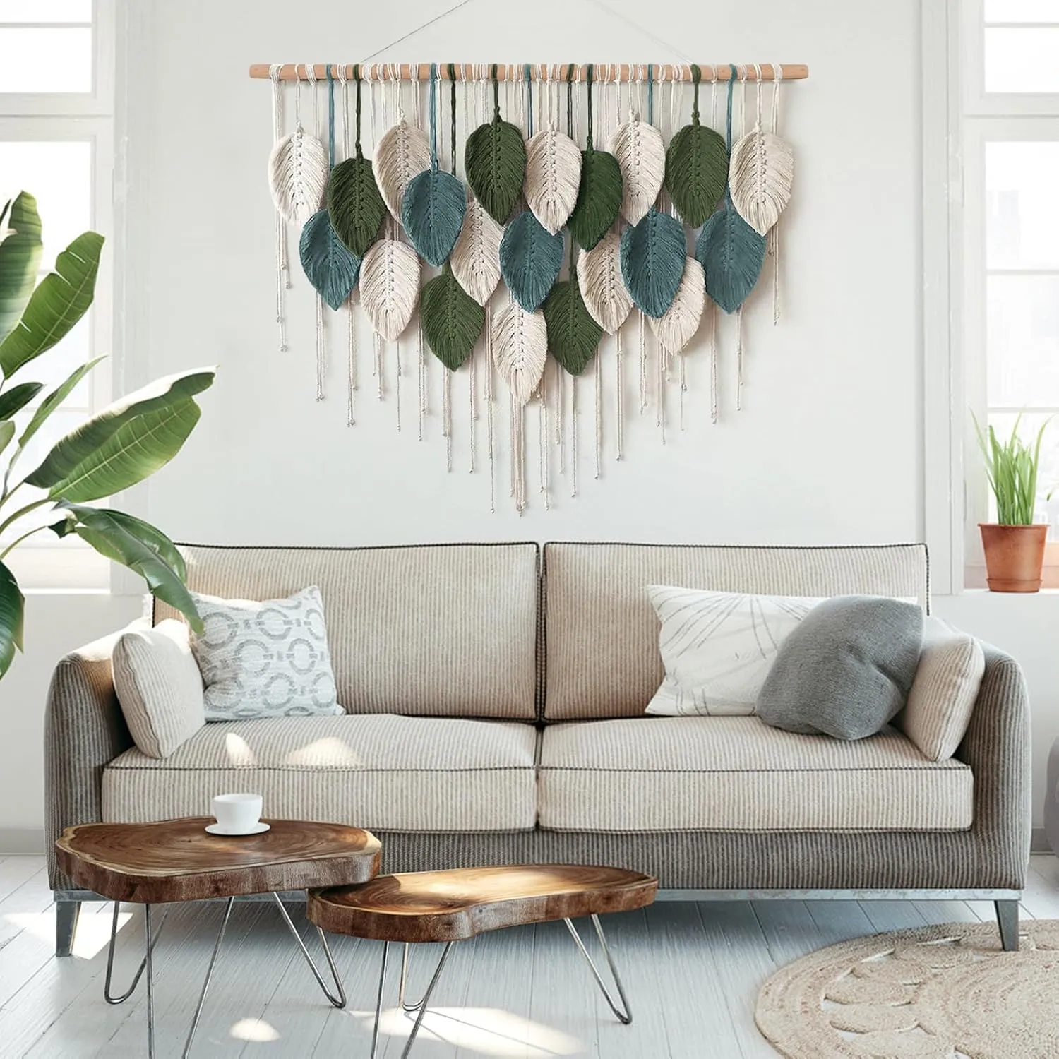 KHOYIME Macrame Wall Hanging Large Boho Home Decor, Bohemian Leaves Tapestry Modern Handmade Yarn Woven Feather Leaf Chic Wall Art Decorations for Bedroom Living Room Nursery Backdrop 39" W X 29.5" L