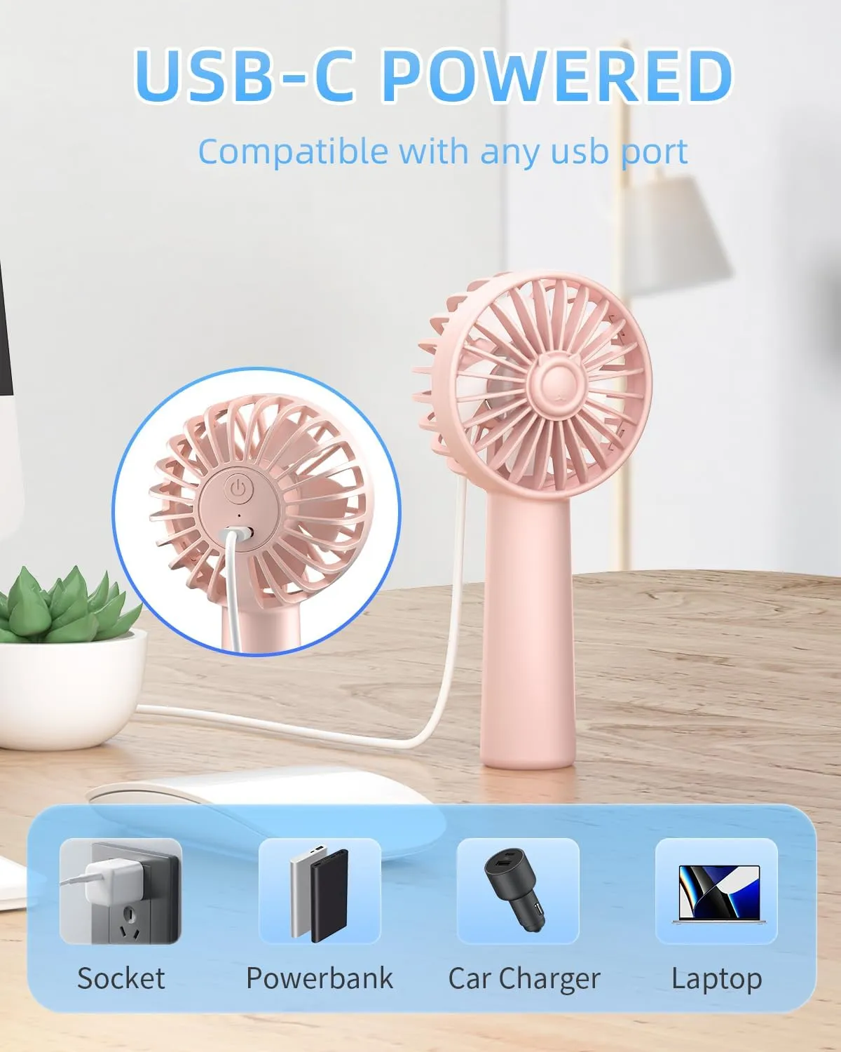 KIDEE Portable Mini Handheld Fan 2 Pack with 3 Speeds, Battery Powered Personal Hand Fans USB Rechargeable for Travel, Small Lash Fan for Women Girls, Pink