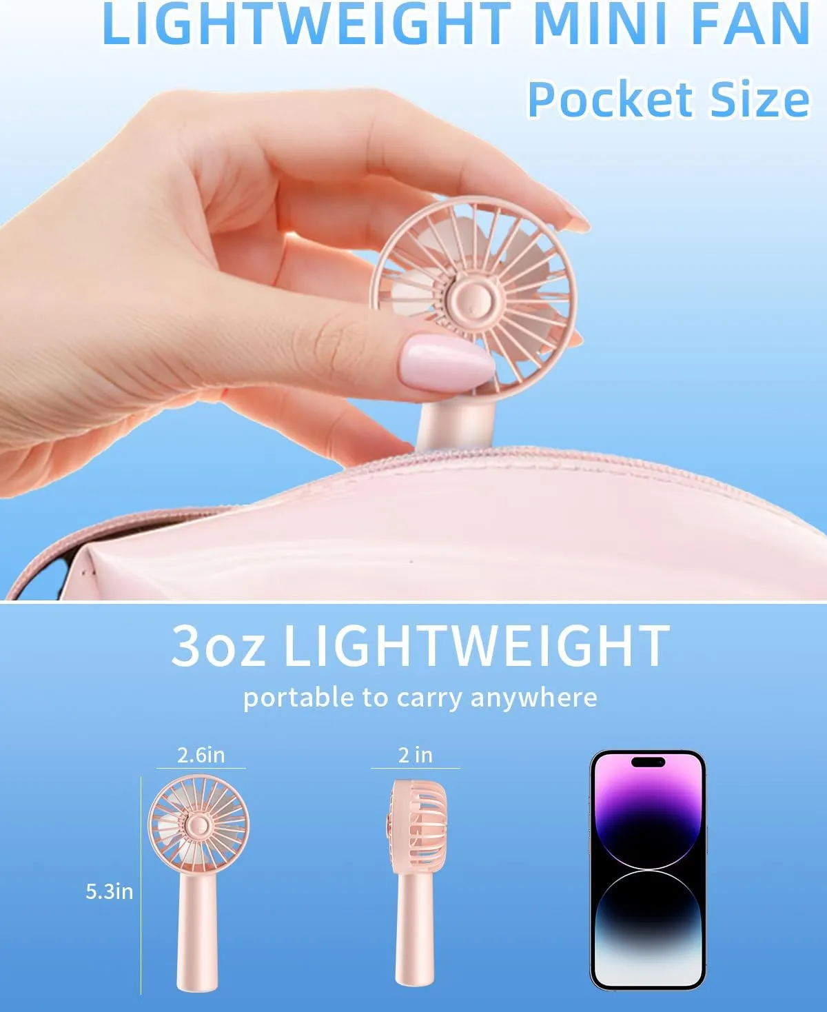 KIDEE Portable Mini Handheld Fan 2 Pack with 3 Speeds, Battery Powered Personal Hand Fans USB Rechargeable for Travel, Small Lash Fan for Women Girls, Pink