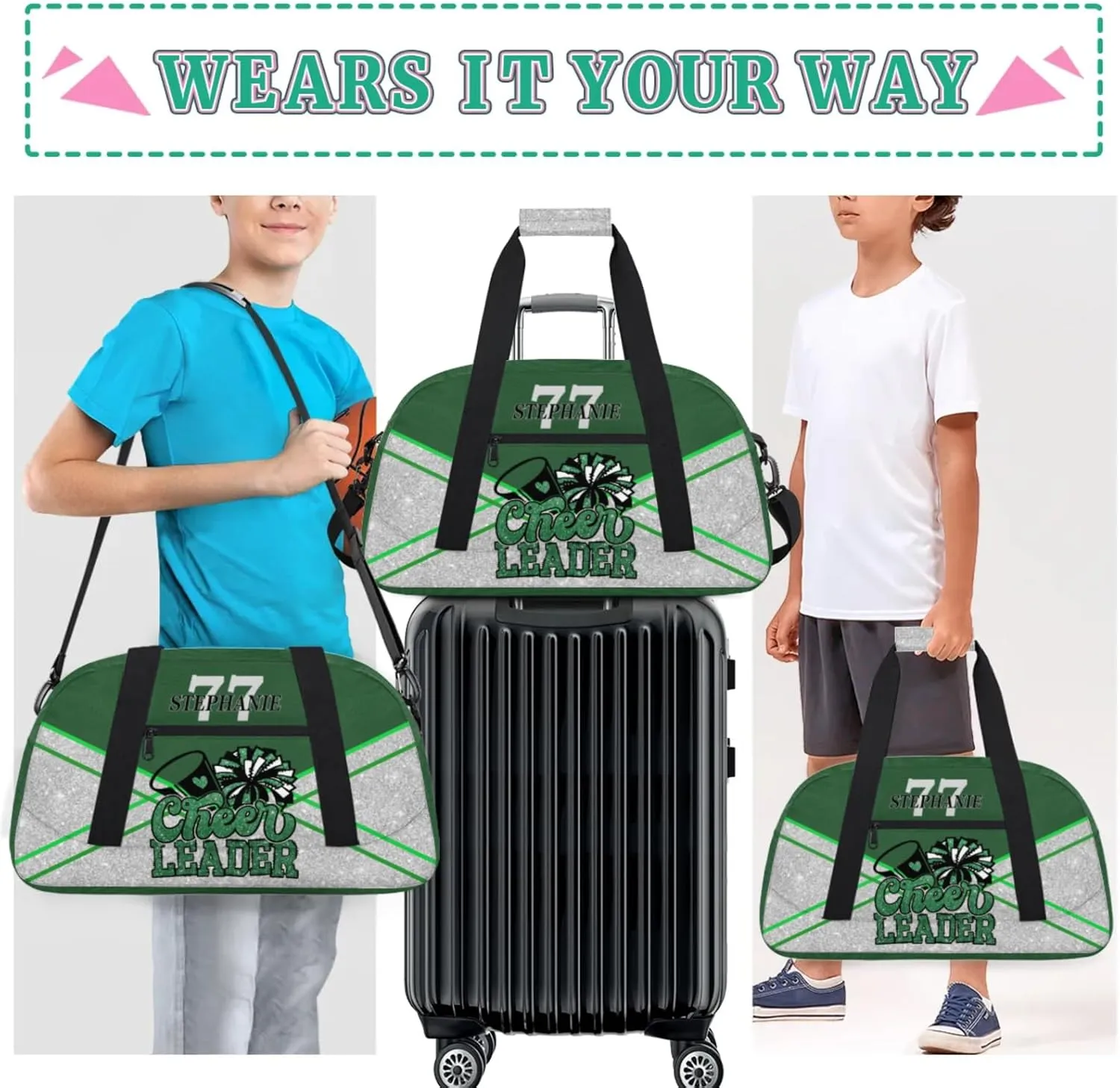 Kids Duffle Bag Personalized Gym Bag Overnight Bags, Ideal for Travel and Sports, Suitable for Men Women for Gym, Dance, Yoga, Durable Waterproof Sport Overnight Handbags Cheerleader Green