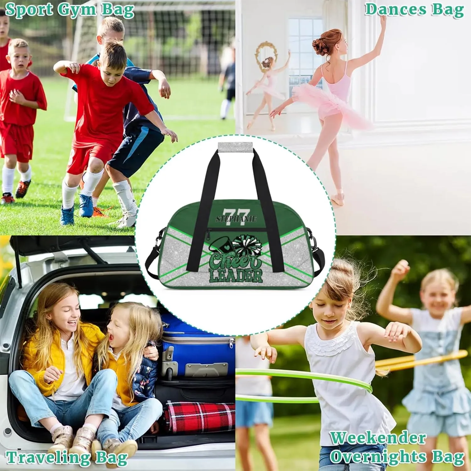 Kids Duffle Bag Personalized Gym Bag Overnight Bags, Ideal for Travel and Sports, Suitable for Men Women for Gym, Dance, Yoga, Durable Waterproof Sport Overnight Handbags Cheerleader Green