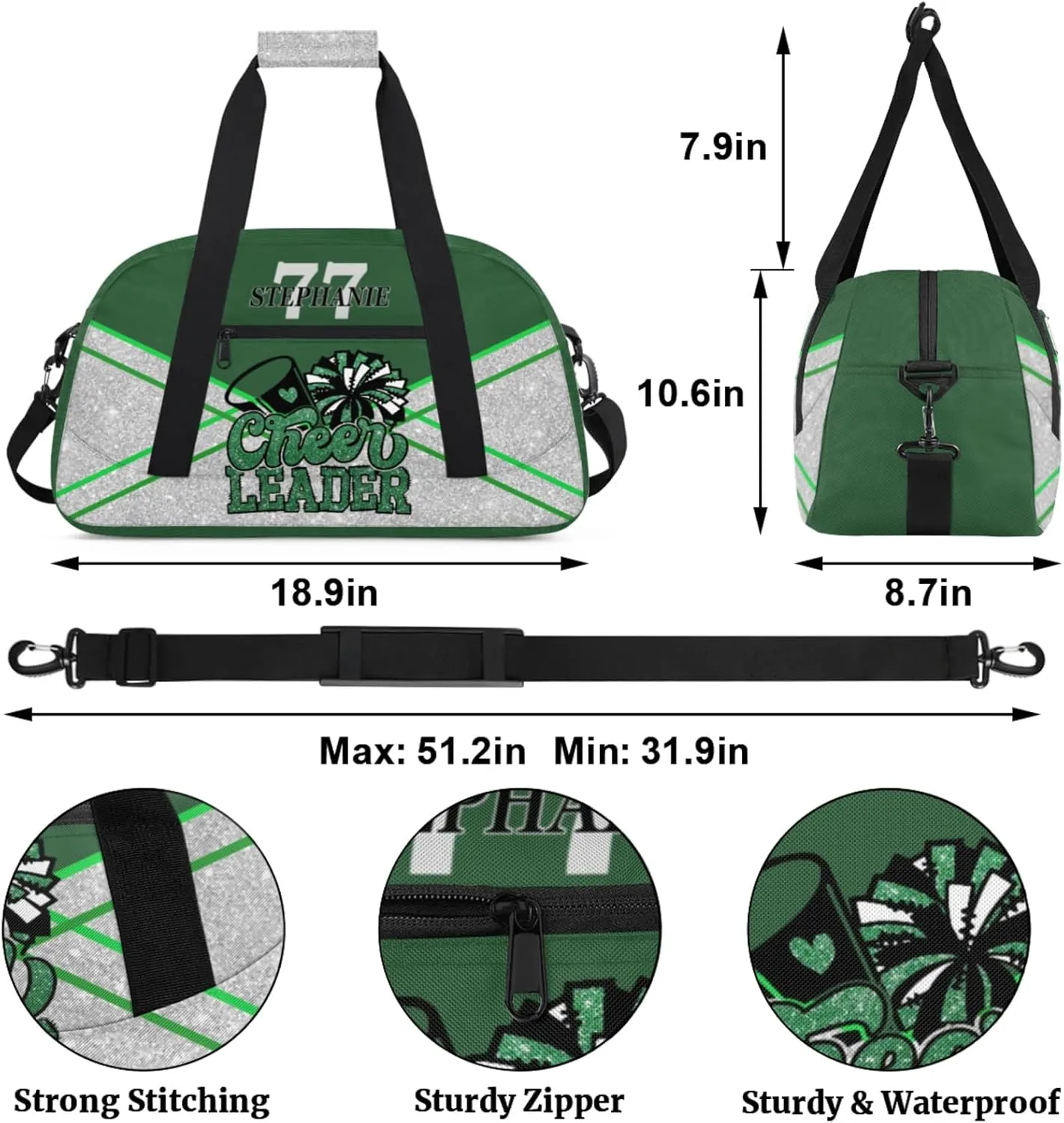 Kids Duffle Bag Personalized Gym Bag Overnight Bags, Ideal for Travel and Sports, Suitable for Men Women for Gym, Dance, Yoga, Durable Waterproof Sport Overnight Handbags Cheerleader Green