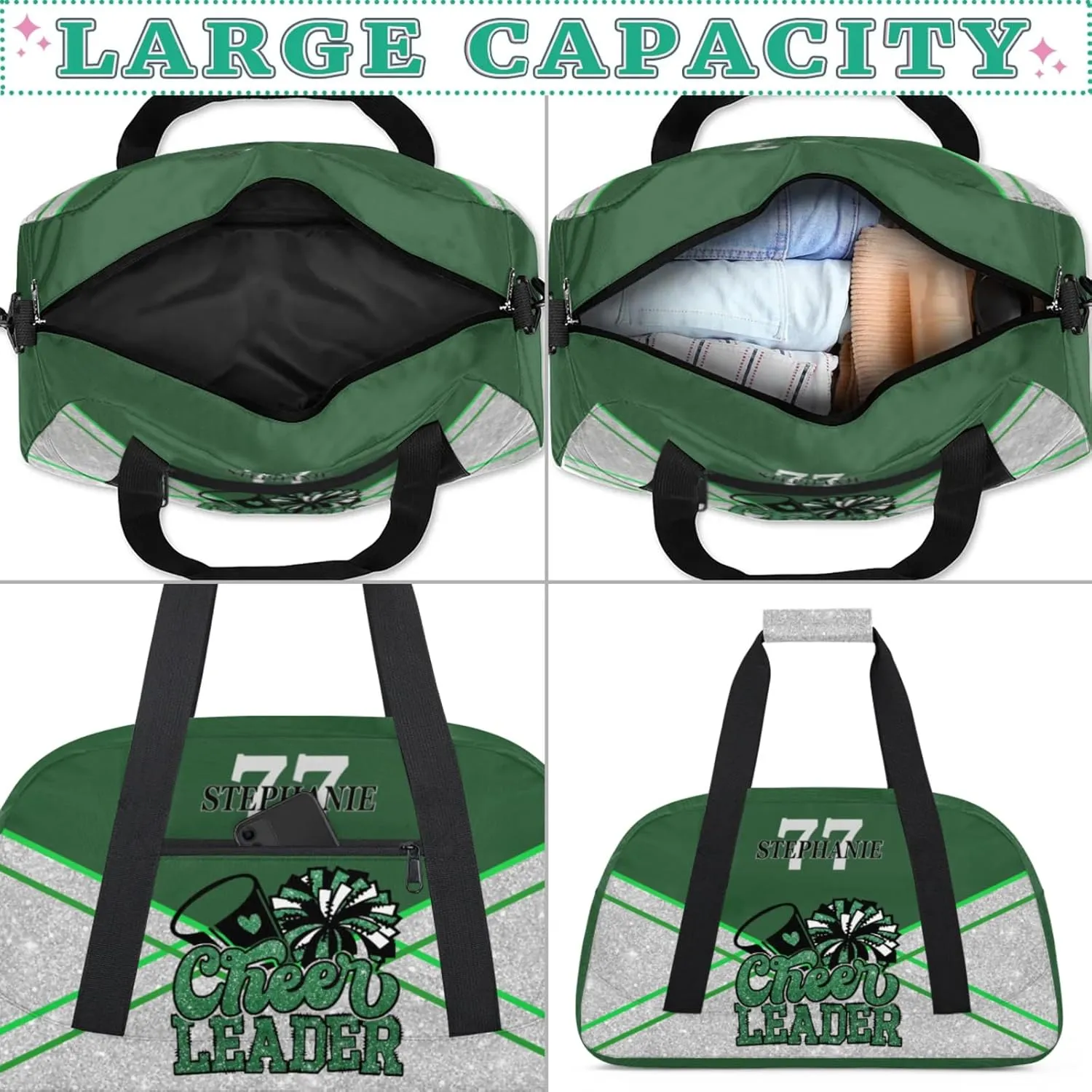 Kids Duffle Bag Personalized Gym Bag Overnight Bags, Ideal for Travel and Sports, Suitable for Men Women for Gym, Dance, Yoga, Durable Waterproof Sport Overnight Handbags Cheerleader Green