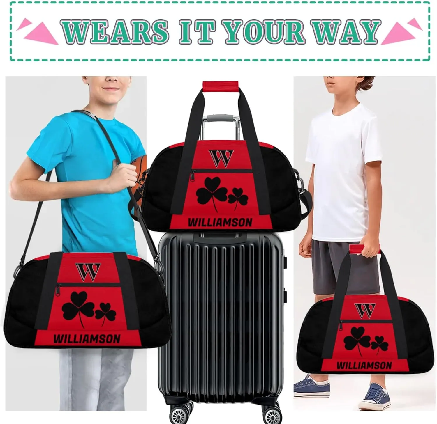Kids Duffle Bag Personalized Gym Bag Overnight Bags, Ideal for Travel and Sports, Suitable for Men Women for Gym, Dance, Yoga, Durable Waterproof Sport Overnight Handbags Clover